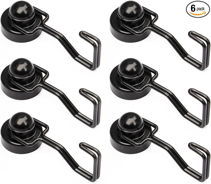 Magnet Hooks for Cruise Cabins, Heavy Duty Swivel With Black Painting for Refrigerator Hanging, Grill (6 Pack, Black)