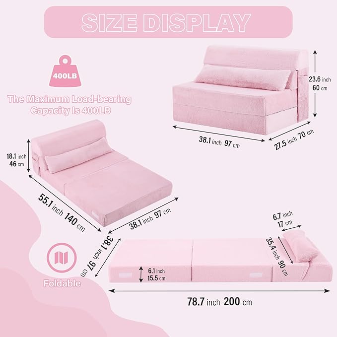 Tiita Convertible Folding Sofa Bed Twin Size for Adults with Pillow, Plush Fabric Floor Mattress Couch Bed, Washable Cover & Side Pocket, Guest Room, Dorm, Apartment, Living Room, Pink