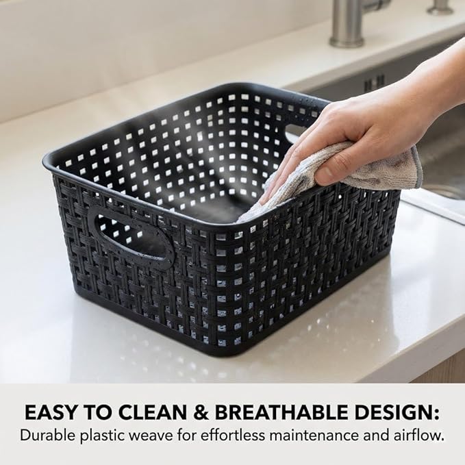 8 Pack Black Storage Baskets, Plastic Woven Organizer Baskets, Stackable Shelf Baskets for Closet, Pantry, Bathroom & Laundry Room