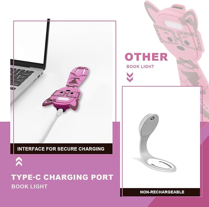 Rechargeable Kids Book Light, Cute Bookmark Reading Light for Kids, Dimmable Portable LED Book Light for Reading in Bed, Eye-Caring Bedtime Reading Lamp for Children & Travel, Pink