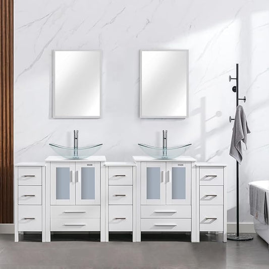 eclife 84" Modern Bathroom Vanity Sink Combo Freestanding Cabinet with Small Side Cabinet, Clear Boat Glass Vessel Sink, Water Save Faucet, Drain (White+A29TT)