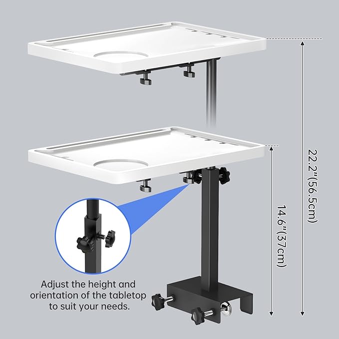 NiHome Height-Adjustable Bedside Shelf with Rotating Foldable Tray, Clip On Bed Side Tray Table, Overbed Table Fits Bed Frames 0.7"-2.7" Wide for Dorms, Apartments, Bedrooms, Dorm Essentials, White