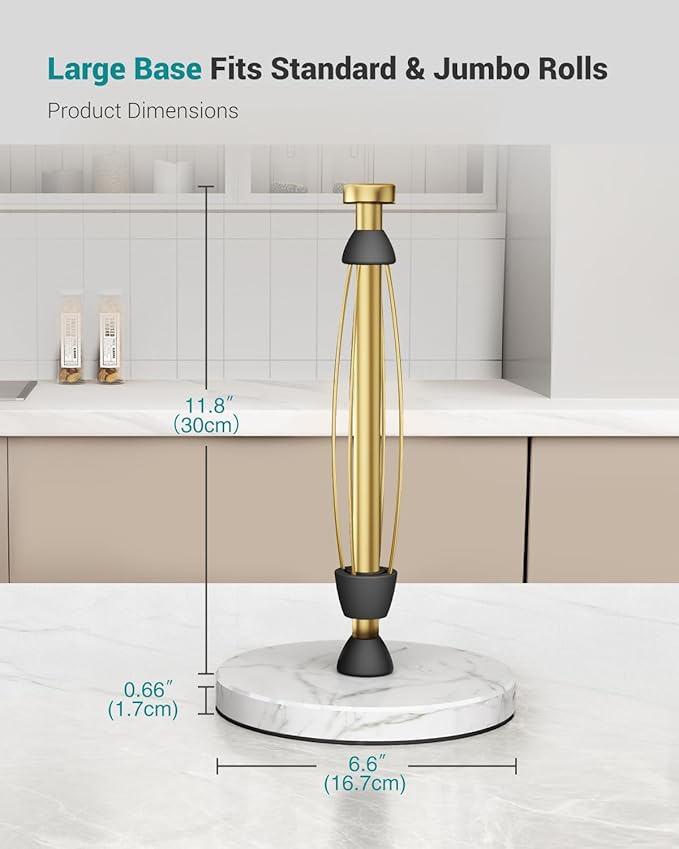 Marble Paper Towel Holder Countertop, Gold, Stainless Steel, One-Handed Tear, Freestanding Paper Towel Stand Rack with Ratchet Mechanism for Kitchen Toilet Bathroom Essentials Decor Accessories