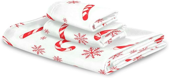 Christmas Winter Towels Set of 3 Red Candy Cane Snowflakes Bathroom Towel Soft Absorbent Bath Hand Towels Washcloth Guest Towel Sets Xmas Holiday Decor