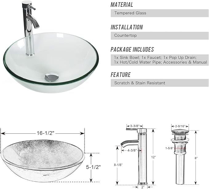 eclife 48" Modern Bathroom Vanity Sink Combo Freestanding Cabinet with Small Side Cabinet, Clear Round Glass Vessel Sink, Water Save Faucet, Drain (White+A16)