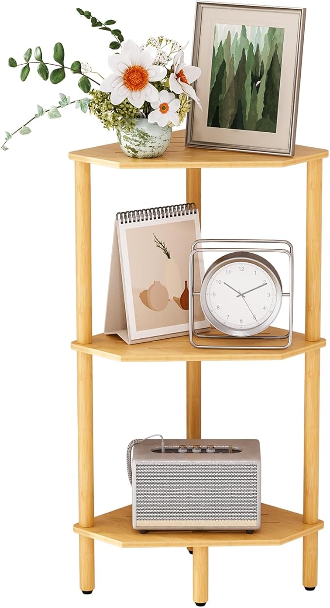 3 Tier Bamboo Corner Shelf, Storage Stand with Adjustable Feet, Small Space Corner Bookcase, Outdoor Plant Stand, Space-Saving Organizer for Bathroom Kitchen Living Room