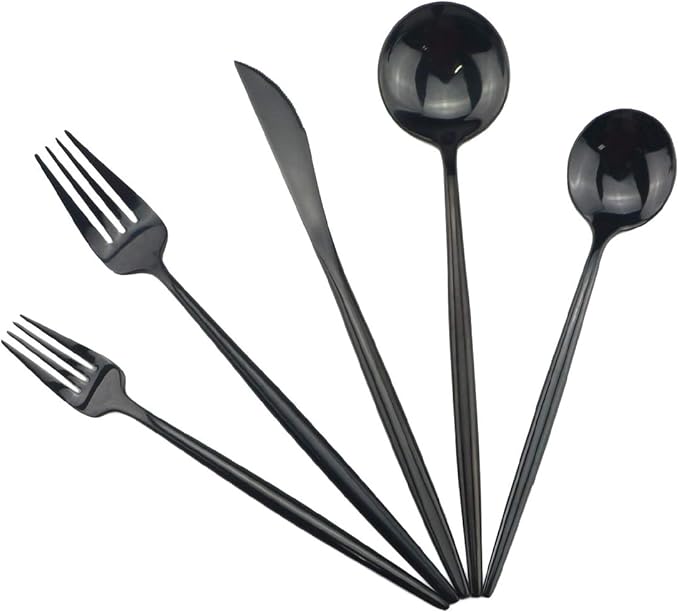 Gugrida Portable Silverware Set - 20-Piece Flatware Cutlery Set - 18/10 Stainless Steel - Mirror Polishing Black - Travel Elegant Modern Utensils - Service for 4 Include Steak Knife Dinner Fork Spoon