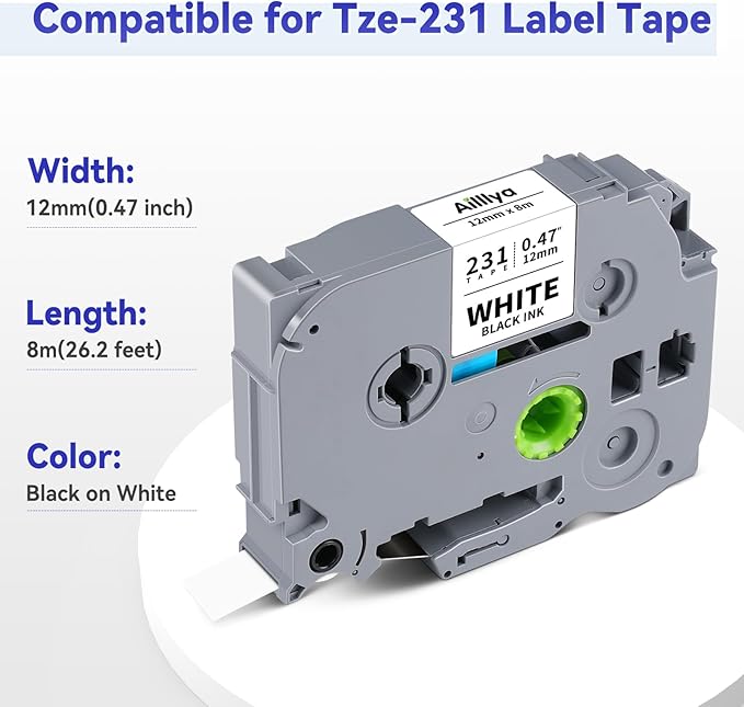 Compatible with Brother P Touch Label Tape 12mm 0.47'' Laminated White TZe231 TZ231 Label Tape 1/2 Inch Work for P Touch PTD220 PTH110 PTD400 Label Maker Refills, Black on White, 10-Pack