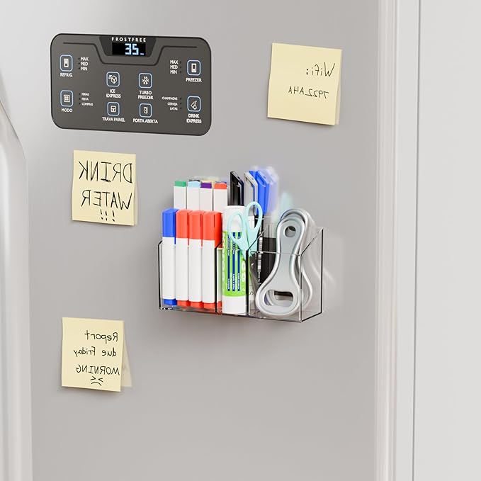 Yieach Magnetic Whiteboard Marker Holder - And With Adhesive for Wall- Non Slip Acrylic Expo Magnetic Cup for Dry Erase Markers,4 Compartment Clear Magnet Pen Holder for Fridge,Classroom Organizer,1Pc