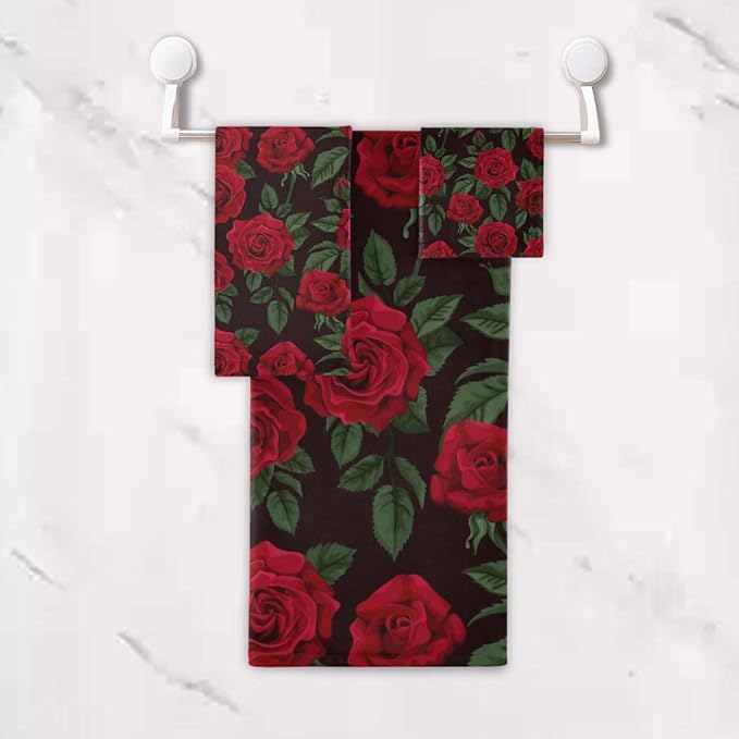 3 Piece Red Rose Floral Bath Towel Set,Microfiber Absorbent Decorative Vintage Flower Green Leaves Black Bathroom Towels,1 Bath Towel 1 Hand Towel for Bathroom Kitchen,1 Washcloth for Body Face