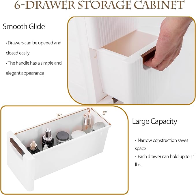 POWERSTONE 6-Drawer Plastic Rolling Storage Cabinet, Narrow Organizer Cart with 4 Wheels, Space-Saving Slim Mobile Utility Cart for Bedroom, Bathroom, Office & Classroom