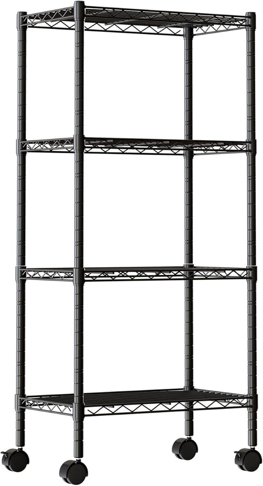 DUMOS 4 Tier Metal Shelving, Heavy Duty Shelves Wire Shelving Unit with Removable Wheel Casters, Shelves Organizer for Bathroom Garage Living Room Kitchen Pantry Laundry Black