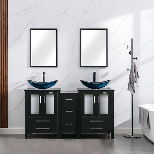 eclife 60" Modern Bathroom Vanity Sink Combo Freestanding Cabinet with Small Side Cabinet, Blue Boat Glass Vessel Sink, Water Save Faucet, Drain (Black+A29BU)
