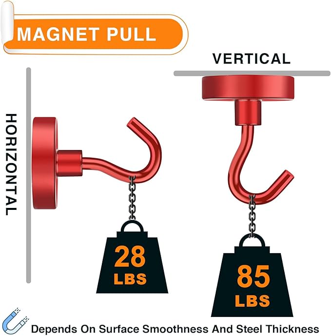 MIKEDE Strong Magnetic Hooks, 120Lbs Heavy Duty Magnetic Hooks for Cruise, Neodymium Earth Magnets with Hooks for Hanging, Super Metal Magnetic Hanger for Grill, Storage (Red,10 Pack)