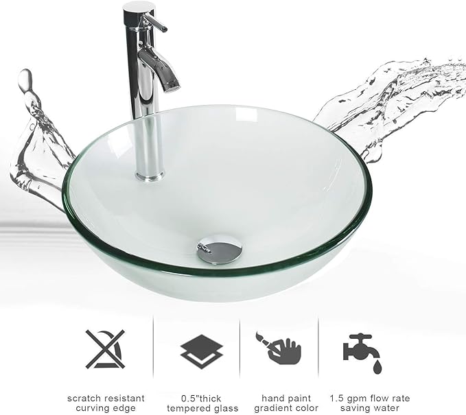 eclife 36" Modern Bathroom Vanity Sink Combo Freestanding Cabinet with Small Side Cabinet, Clear Round Glass Vessel Sink, Water Save Faucet, Drain (Black+A16)