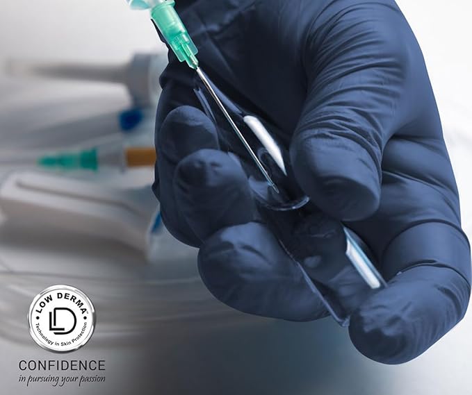 Low Derma Nitrile Exam Gloves, Chemo drug tested, Latex free, Powder free, Berry Blue, 3.5 mil, S, M, L, XL