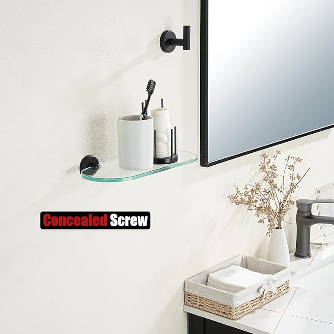 JQK Bathroom Glass Shelf Black, Tempered Glass Shower Storage 12 by 5 inches, 304 Stainless Steel Matte Black Wall Mount 2 Pack, TGS121L12-PB-P2