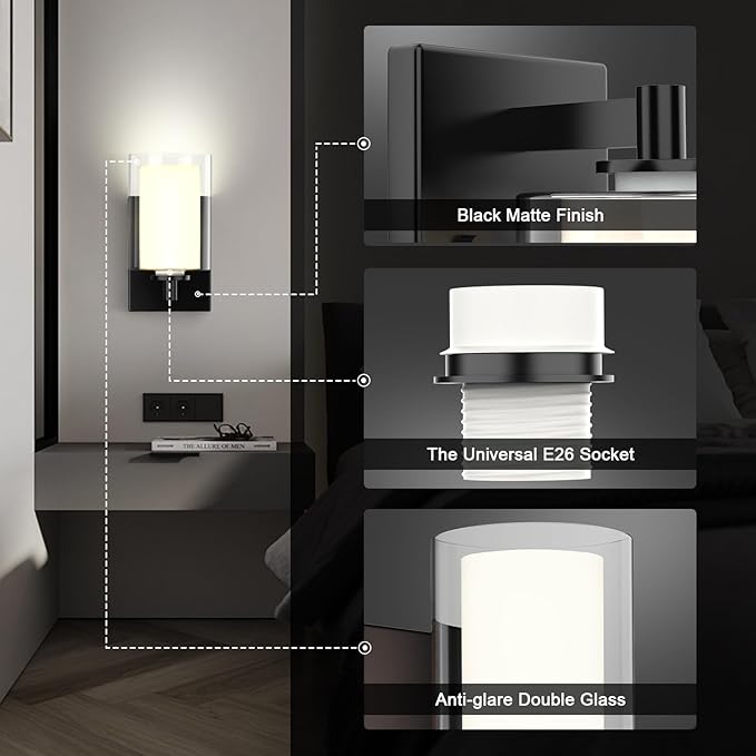 Kalium Wall Sconces Set of Two, Modern Vanity Lights with Double Clear Glass Shade Matte Black Indoor Farmhouse Wall Lights for Bathroom Living Room Bedroom Hallway Bulb E26 Base (Bulbs Not Included)
