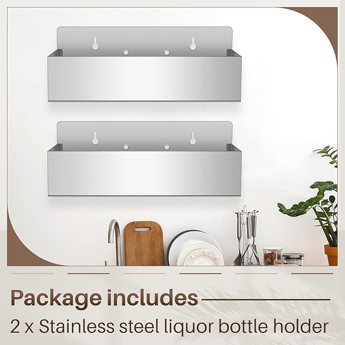 2 Pieces 15 Inch Single Speed Rail Stainless Steel Liquor Bottle Holder Wall Mounted Spray Bottle Rack Drink Rail Shelf for Bars, Silver