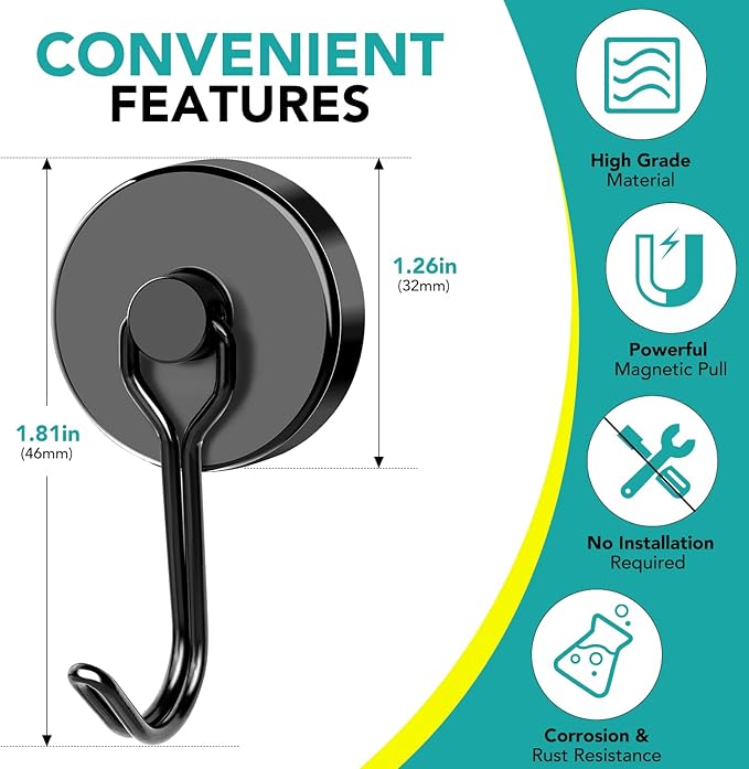 DIYMAG Black Magnetic Hooks, 120LBS Strong Magnetics Heavy Duty, Cruise Ship Essentials Magnets with Metal Hook for Hanging Refrigerator Home Kitchen Office, 8Pack