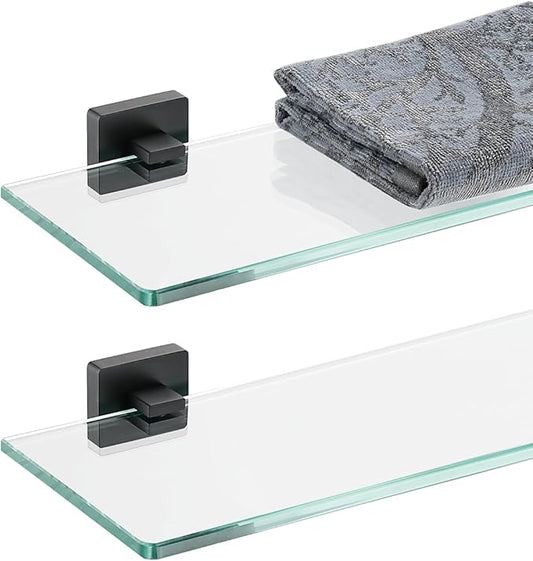 JQK Bathroom Glass Shelf Black, Tempered Glass Shower Storage 16 by 5 inches, 304 Stainless Steel Matte Black Wall Mount 2 Pack, TGS201L16-PB-P2