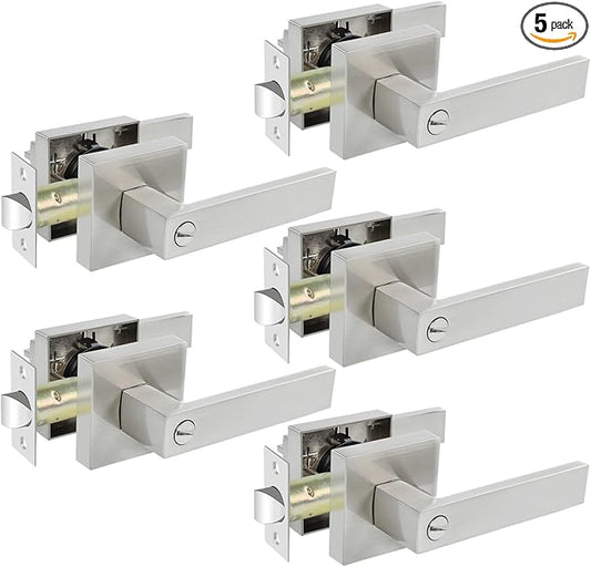 KAMOTA Privacy Door Levers, 5 Pack Satin Nickel Door Handles Bed and Bath Door Locks Interior Keyless Locksets, Left and Right Hand Reversible