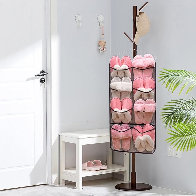 Dual Sided Hanging Closet Organizer Durable Socks Stocking Clothes Bra Accessories Storage Bag With 16 Large Pockets (Clear PVC Pockets)