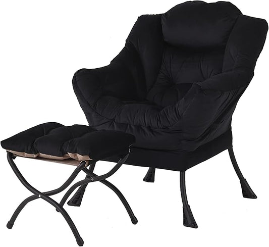 Welnow Lazy Chair with Ottoman, Modern Lounge Accent Chair with Armrests and a Side Pocket, Leisure Sofa Armchair, Reading Armchair with Footrest for Small Space, Black