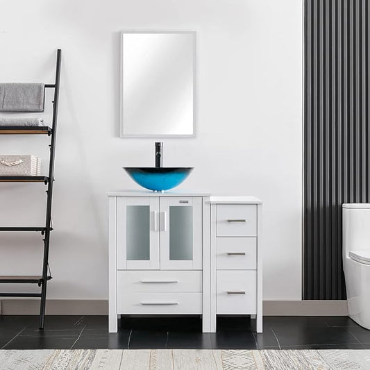eclife 36" Modern Bathroom Vanity Sink Combo Freestanding Cabinet with Small Side Cabinet, Turquoise Square Glass Vessel Sink, Water Save Faucet, Drain (White+A10)
