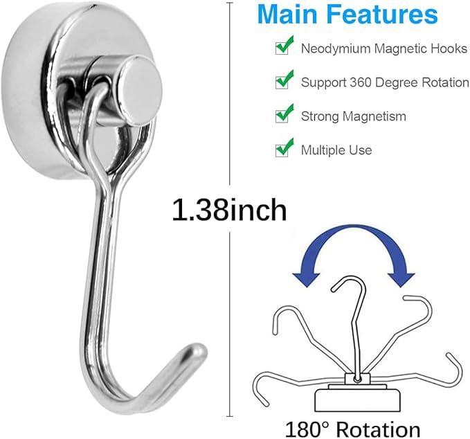 Donanim Magnetic Hooks,Heavy Duty 30LBS 8 Pack Neodymium Magnet Hook Hold for Kitchen Tools Hanging, Refrigerator, Grill, Kitchen, Key Holder, Silver