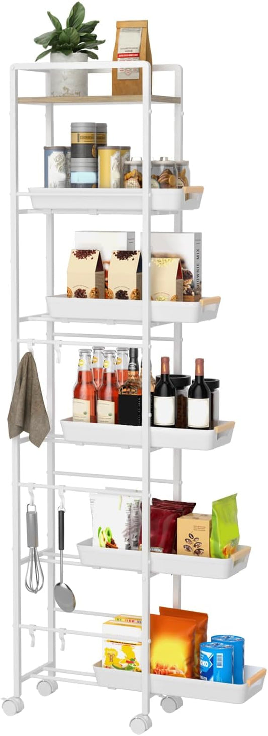 6 Tier Slim Storage Cart with Pull-Out Baskets Rolling Cart with Wheels Wood Top Narrow Utility Cart Metal Shelving Units for Pantry Laundry Room Bathroom Kitchen White 8in(W)