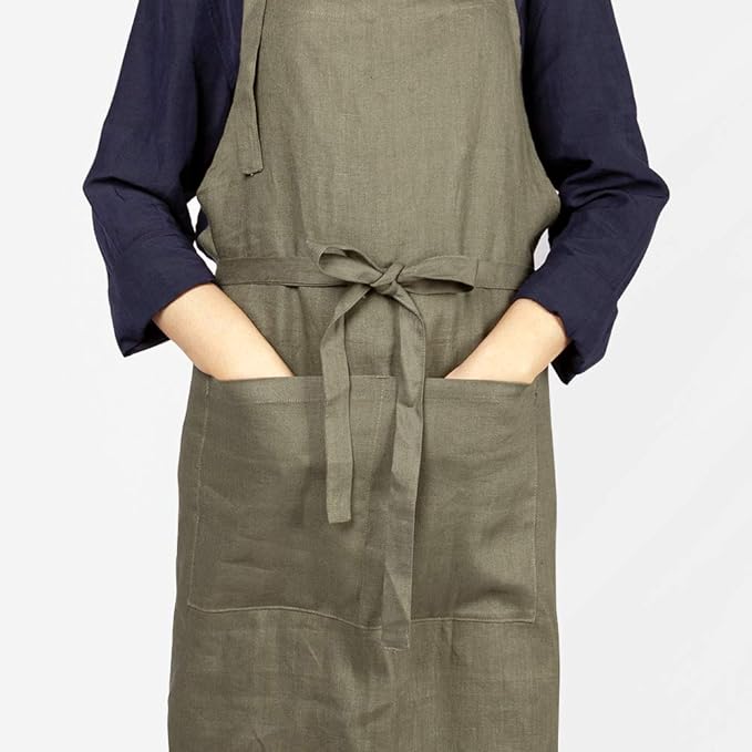 ATLINIA 100% Linen Apron with Buttons Adjustable Bib Apron with Pockets Linen Half Apron Bistro Apron