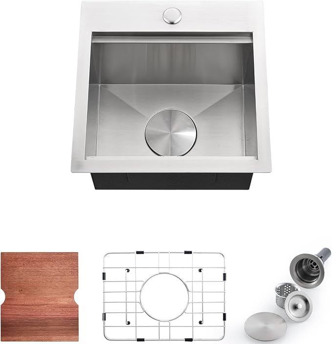 Stainless Steel Drop-In Bar Sink 15x15 Inches Single Bowl Small Workstation Kitchen Sink, Doirteal Top Mount 15 Inch Bar Sinks Outdoor Wet Bar Prep Sinks With Accessories
