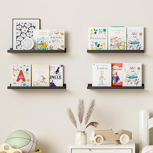 BYCY Metal Floating Shelves Set of 4,15.6 inch Floating Bookshelves for Wall Mounted,Wide Magnetic Book Display Wall Shelves for Classrooms Kitchen Bedroom Room Decor (Black, 15.7inch,4pcs)