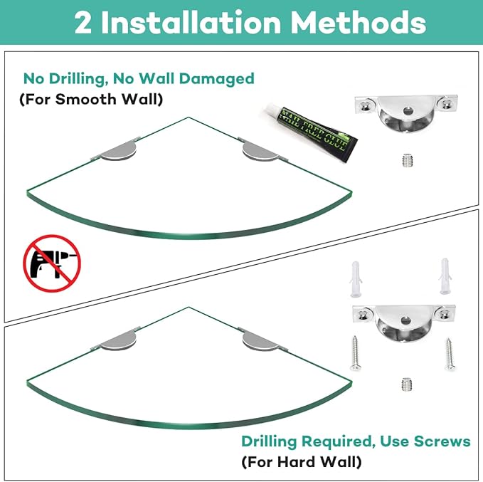 Glass Corner Shelf for Bathroom Corner Shower Shelf Tempered Glass Shelf Shower Organizer Shampoo Holder No Drilling Shower Caddy Corner for Inside Shower 9.4" R