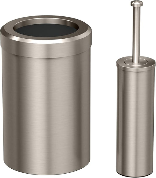 Gatco Small Bathroom Trash Can with Lid and Toilet Brush Set, Round 3 Gallon Stainless Steel Wastebasket, Under Sink, Satin Nickel, for Bathroom, Bedroom, Office (2976)