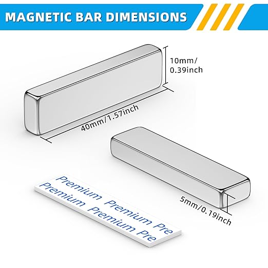 Grtard 12 Pack Neodymium Bar Magnets, Rare Earth Magnets Metal Neodymium Magnet with Double-Sided Adhesive for Fridge and Office Projects, 40x10x5mm(Silver)