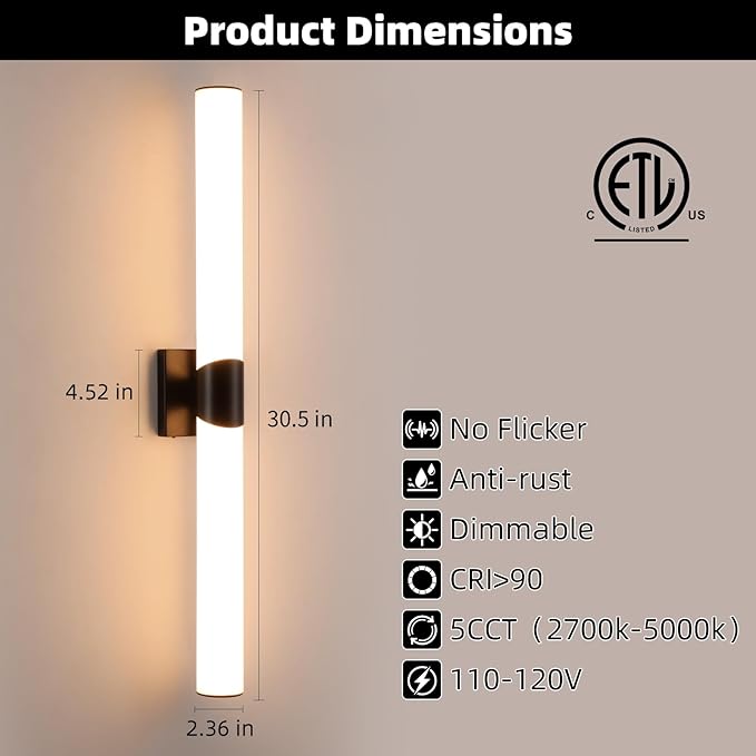 Modern Wall Sconce 30 Ihch Black Bathroom Sconces LED Wall Lighting Fixtures with Acrylic Shade Hardwired Long Vanity Lights Over Mirror for Bedroom Living Room Hallway