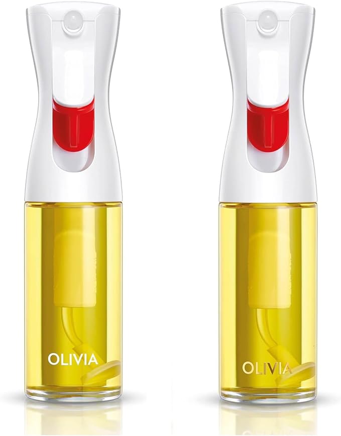 OLIVIA Oil Sprayer for Cooking, 2 Pack Olive Oil Spray Bottle130ml Glass Oil Sprayer Mister for Salad, BBQ, Continuous Spray with Portion Control