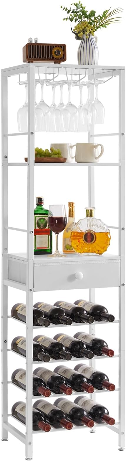 IBUYKE Wine Rack Freestanding Floor, Bar Cabinet for Liquor and Glasses,Coffee Bar Cabinet 4-Tier Wood bar Cabinet,Glass Holder and Storage Drawer for Home Bar Kitchen Living Room,White UTMJ905W
