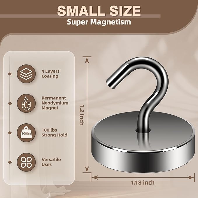 Neosmuk Magnetic Hooks, Cruise Ship Essentials, 10lb+ Heavy Duty Magnetic Hooks for Cruise Cabins, Refrigerator, Grill, Hanging, and Travel | Extra Strong Must-Haves Magnet Hook,Gunmetal