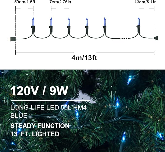 Hopolon Blue Christmas String Lights, 2PACK 50-Count Incandescent Mini Fairy Lights Set, Green Wire Lights for Indoor Outdoor Halloween Holiday Home Xmas Tree Patio Décor (2pcs Blue)