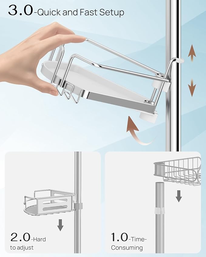 ALLZONE Corner Shower Caddy Tension Pole, 4 Repositionable Hang-On Baskets with Mixed-Height Shelves for Various Bottle Sizes, 4 Dual Hooks & Soap Holder, Rustproof Stainless Steel, Fits 34–116 Inch
