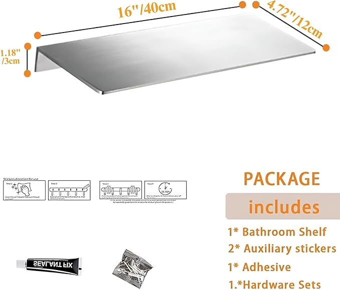 16Inch Stainless Steel Wall Mounted Floating Shelf Drilling or Shelf Adhesive Modern Room Decor Wall Shelf Floating Shelf for Bathroom Bedroom Decor