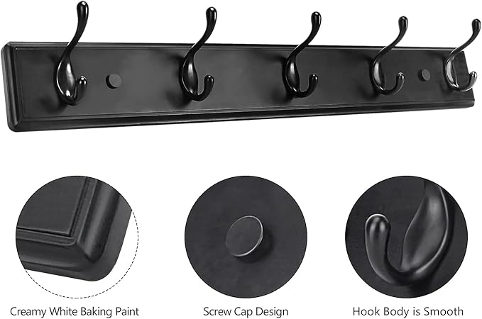 Badiano Wooden Coat Rack, Wall-Mounted Organizer for Closet, Entryway, Hallway, Foyer, Bedroom, Heavy Duty Double Hooks for Hanging Towels, Bags, Hats, Jackets, Key (Black, 5 Hooks)