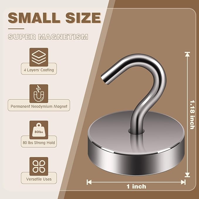 Neosmuk Magnetic Hooks, Cruise Ship Essentials, 8lb+ Heavy Duty Magnetic Hooks for Cruise Cabins, Refrigerator, Grill, Hanging, and Travel | Extra Strong Must-Haves Magnet Hook,Brown, 4 Pack
