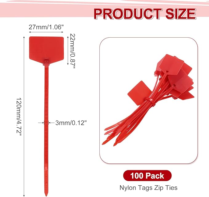 MECCANIXITY 100Pcs 4.7 Inch Waterproof Shipping Tags 0.12" Nylon Writable Hanging Tags Self Locking Labels Zip Tie Wraps for Indoor and Outdoor, Red