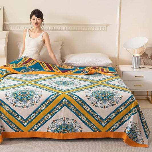SANACYNA Boho Muslin Throw Blanket 100% Cotton 6-Layer Gauze Geometric Bed Blanket Lightweight Soft and Breathable Blanket for Sofa Bed Coverlet Both Sides (Boho Squared Flower, 80 x 90 in)