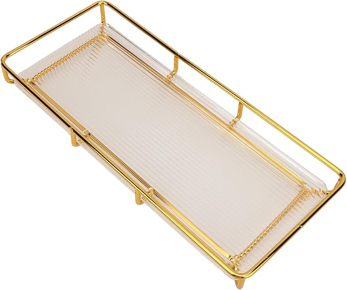 Restokki Bathroom Countertop Tray Stainless Steel Acrylic Modern Minimalist Design Storage Shelf Vanity Tray for Cosmetics Living Goods (Gold Single Layer Large Size)