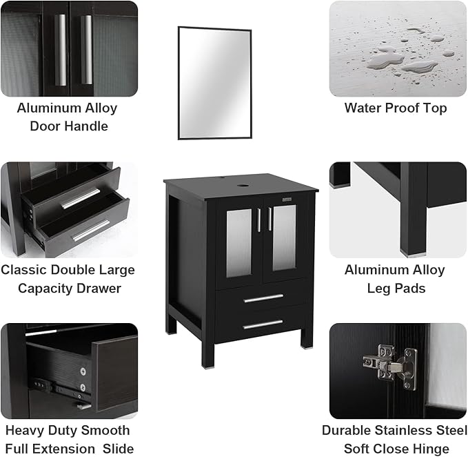 eclife 36" Modern Bathroom Vanity Sink Combo Freestanding Cabinet with Small Side Cabinet, Brown Square Glass Vessel Sink, Water Save Faucet, Drain (Black+A48)